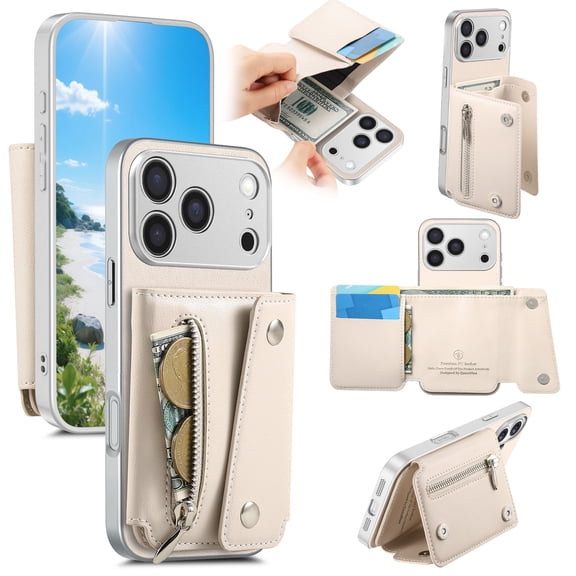 Decase Wallet Case for iPhone 17 Pro with Zipper Pocket Card Slots Cash Holder Magnetic Kickstand PU Leather Cover, Beige
