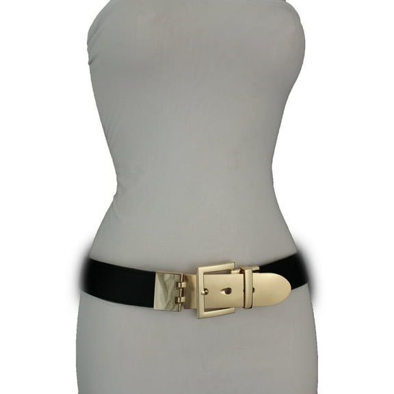 Women Fashion Elastic Belt Hip High Waist Gold Metal Buckle Black Band Size S M