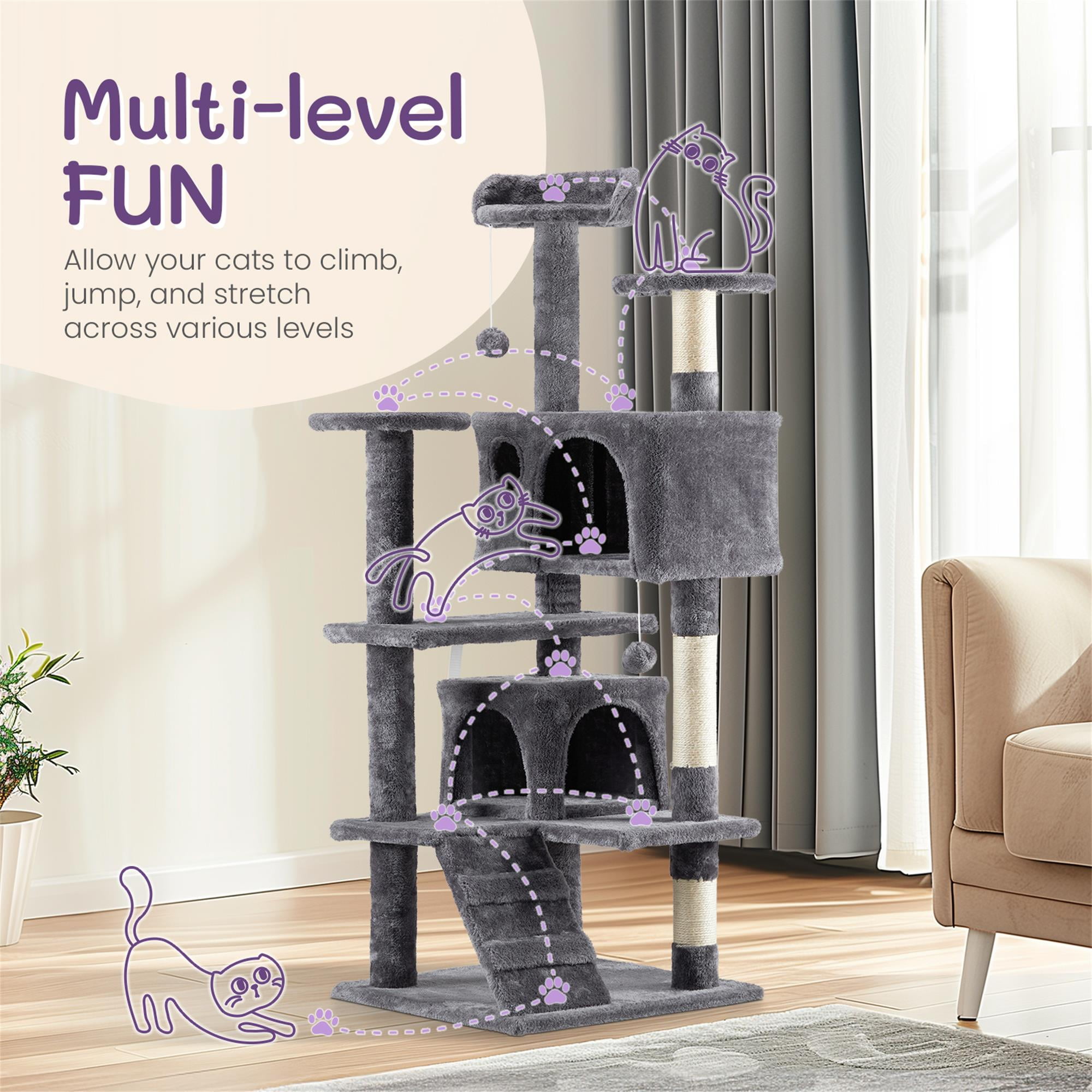 Kadyn 53" Cat Tree Tower with Scratch Post for Kittens, Cat Condo Furniture Pet House Play, Gray