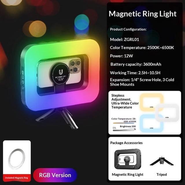 Magnetic 3600mAh 12W RGB Selfie Ring Light With Mini Tripod for Smartphone, Rechargeable Phone Light,Double-Sided Magnet Handheld Stabilizer for Magsafe/Phones/Video Recording/Photos
