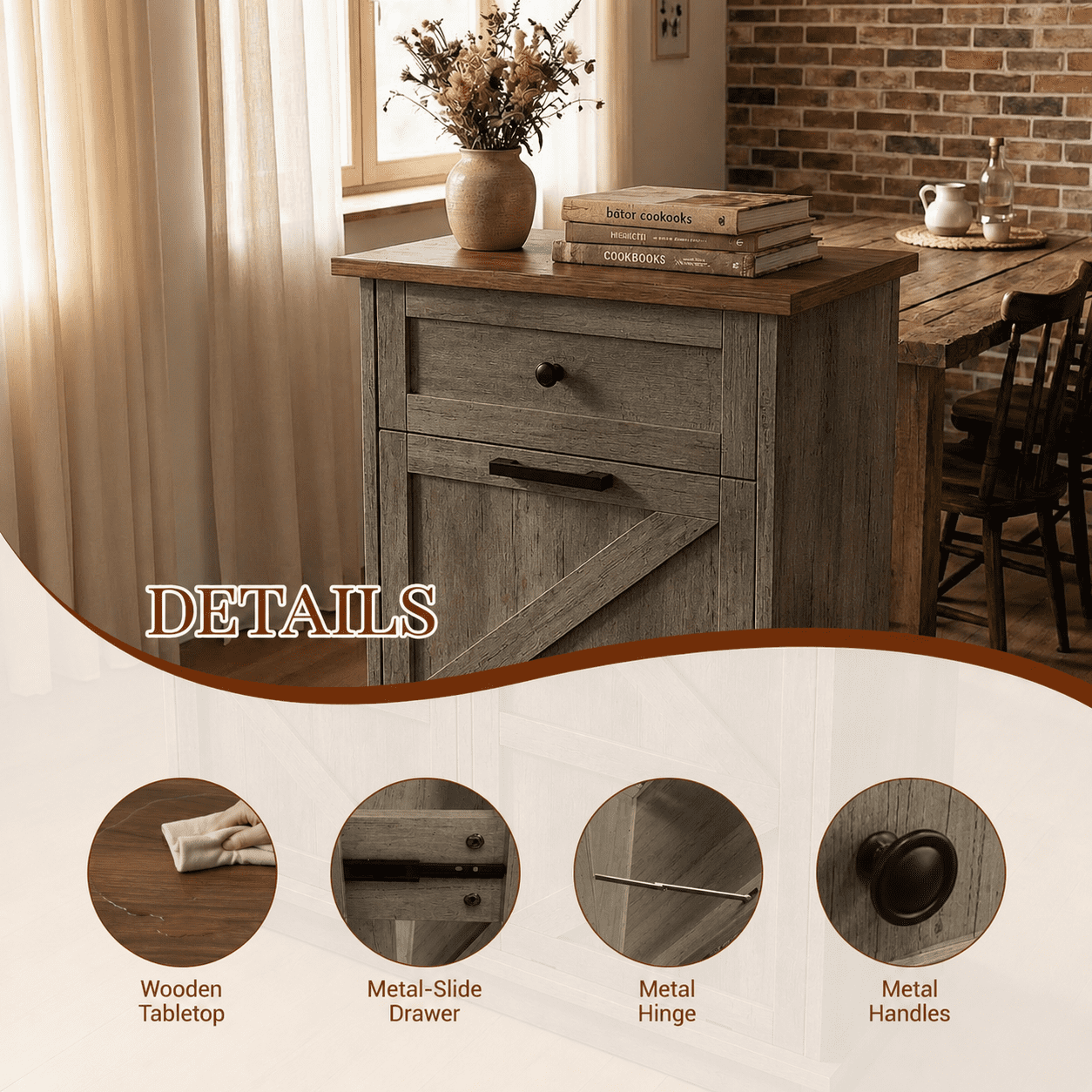 GARITIN Tilt Out Trash Can Cabinet, 10-Gallon Farmhouse Hidden Garbage Cabinet with Drawer, Dog Proof Wooden Trash Storage for Kitchen Laundry Living Room, Grey+Brown