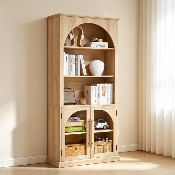 Buildhom 67" Arched Glass Door Bookcase with Adjustable Shelves, Farmhouse 5-Tier Display Cabinet for Living Room, Office, Natural