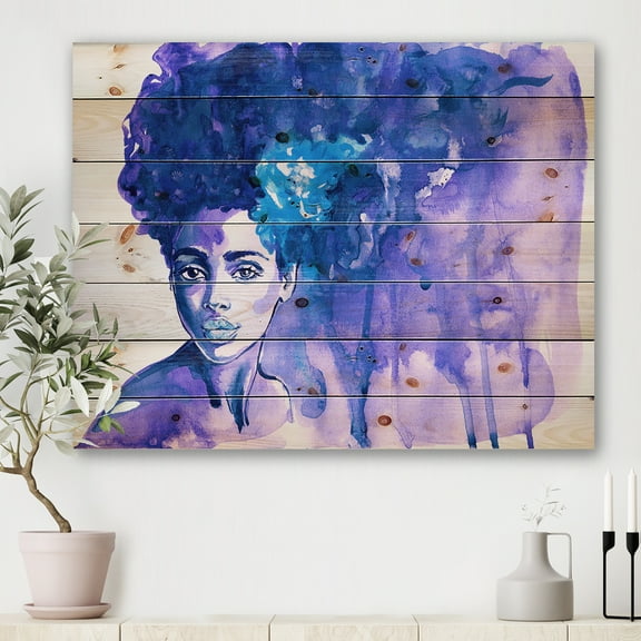 Designart 'Glorious Blue Portrait of Afro American Woman' Modern Print on Natural Pine Wood