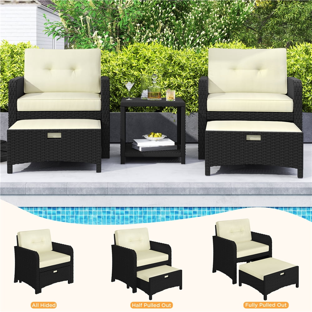 Yaheetech 5-Piece Patio Furniture Set with Rattan Side Table & 2 Chairs & 2 Ottomans, Black/Beige