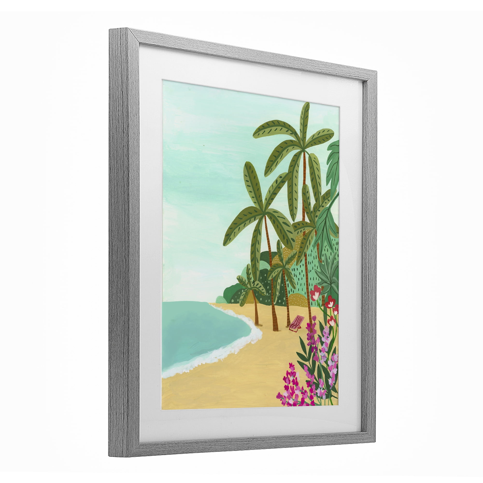 Palm Filled Shoreline Gray Framed Print Under Glass, design by Nabeela Rumi