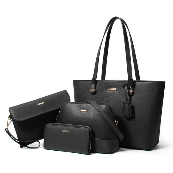 Juego de 4 bolsas de mano de piel sintético para mujer, con asa superior, bolsa de hombro, Negro -, L