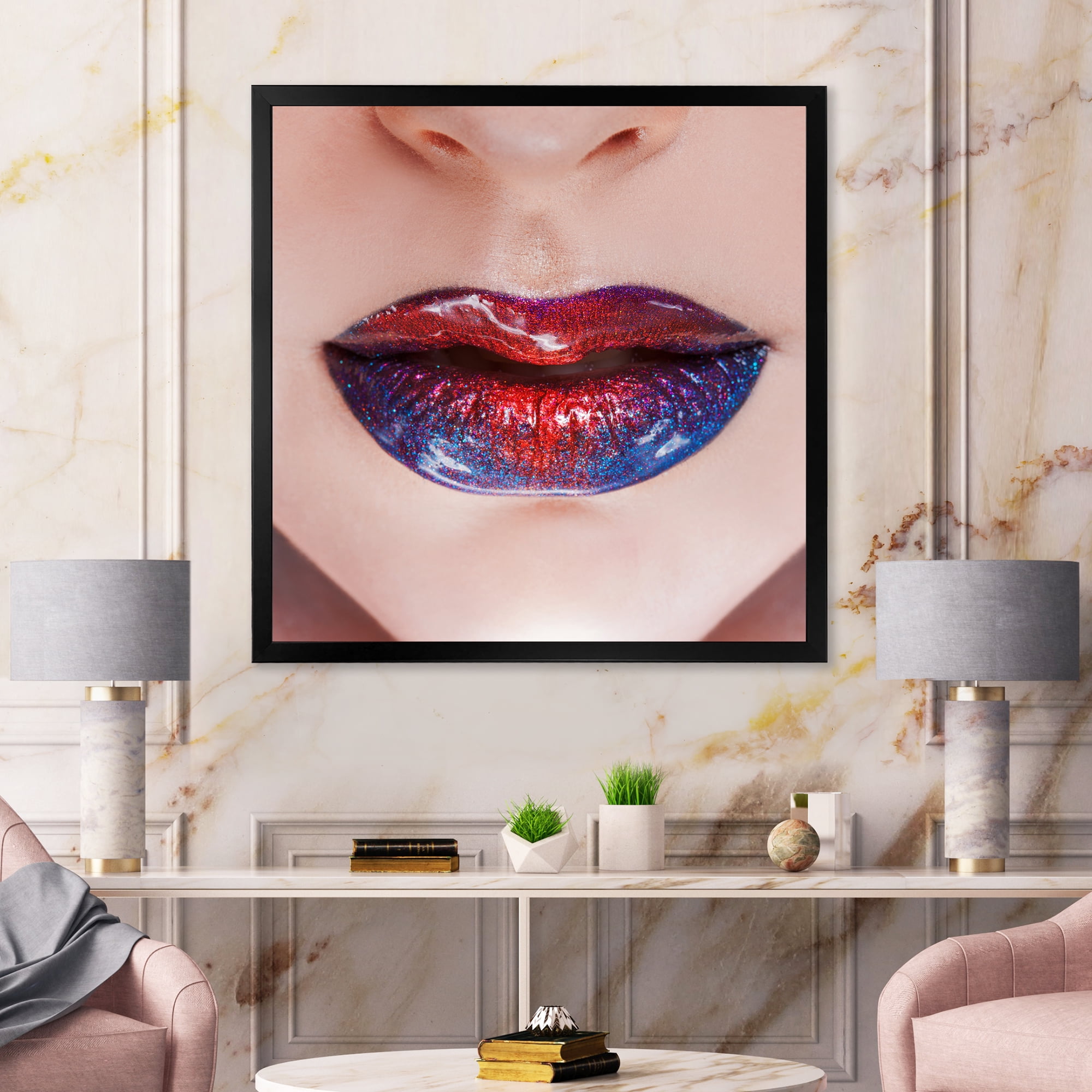 Designart 'Beautiful Women Lips With Red and Blue Lipstick' Modern Framed Art Print