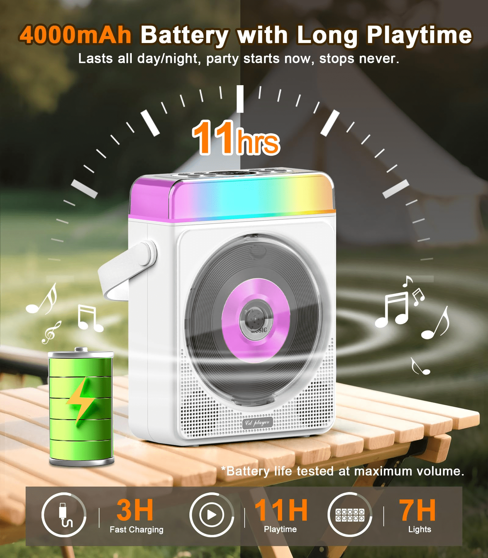 4000mAh Portable CD Player with Bluetooth & RGB Lights,  Rechargeable Personal CD Player with Speakers & Remote, Bass Boost, USB/TF/AUX Support, for Home/Outdoor Use (White）