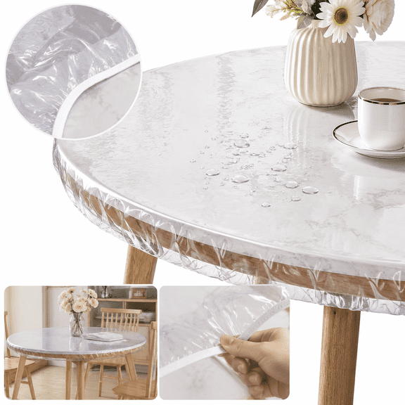 Genreen Clear Round Vinyl Fitted Tablecloth Waterproof Oilcloth Heavy Duty Elasticized Table Cover Elastic Edge Design Plastic Tablecloth Protector for Round Table(1.2m)
