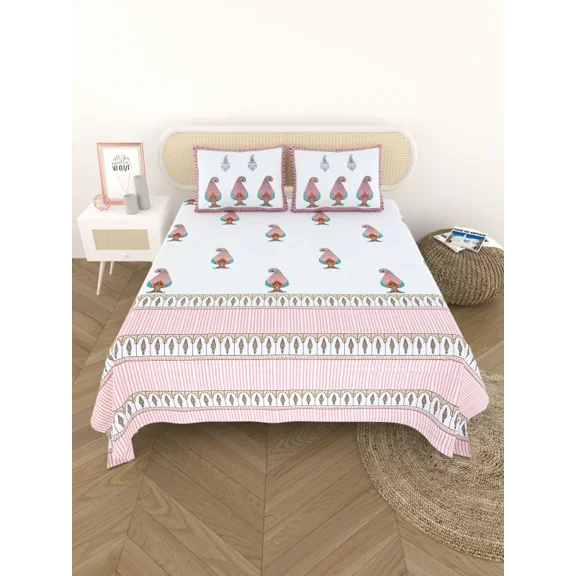 900 TC Pink and White Ethnic Motifs Alskan King Flat Bedsheet with 2 Pillow Covers