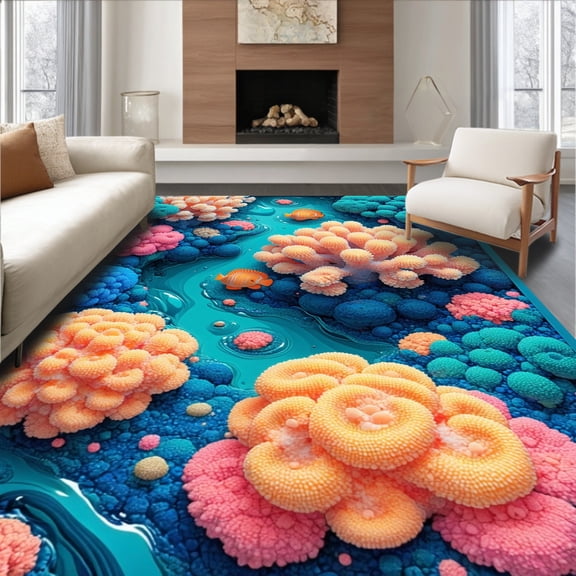 ODIKA 4'x6' Machine Washable Non-Slip Area Rug, Nautical Beach Themed High Traffic Rug, Blue, 781