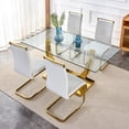 thumbnail image 2 of Glass Dining Table Set for 4, Sudica 63"Rectangular Dining Room Table and Leather Dining Chairs Set with Chrome Gold Legs, Light Gray, 2 of 7