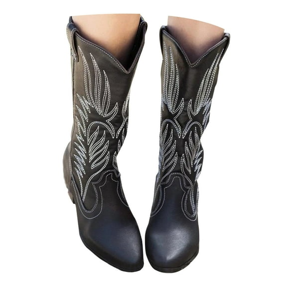 Chenyee Cowboy Boots for Women Wide Width Embroidered Mid Calf Heel Pointed Toe Western Booties