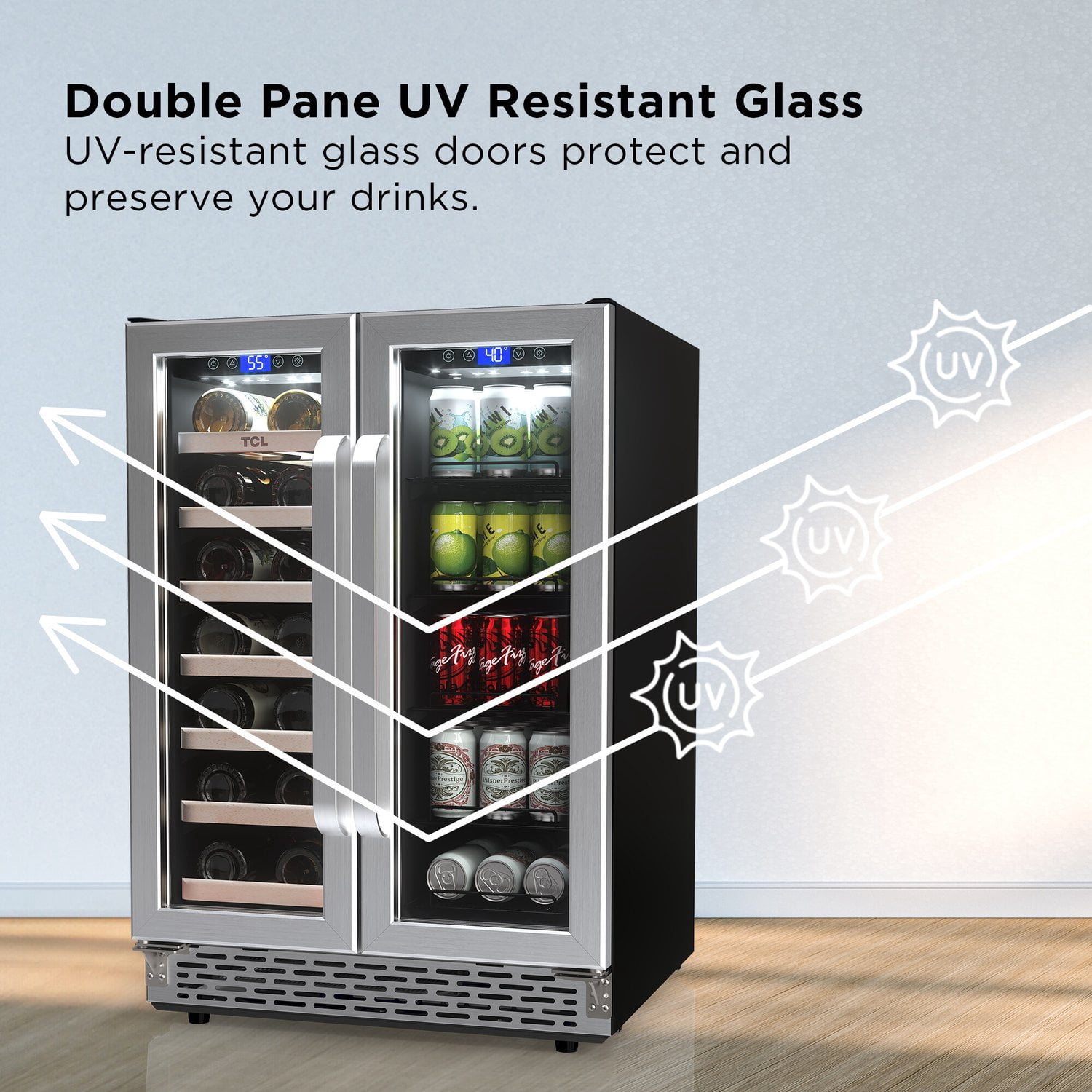 TCL Stainless Steel Double Door 20 Bottle 78 Can Dual Zone Wine & Beverage Cooler, 5.3 Cu. Ft.