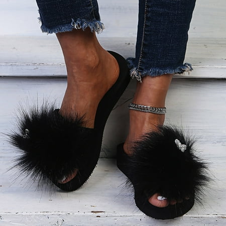 

FZM Women shoes Women s Outer Wear Fashionable Furry Flip-Flops Wedge Platform Slippers