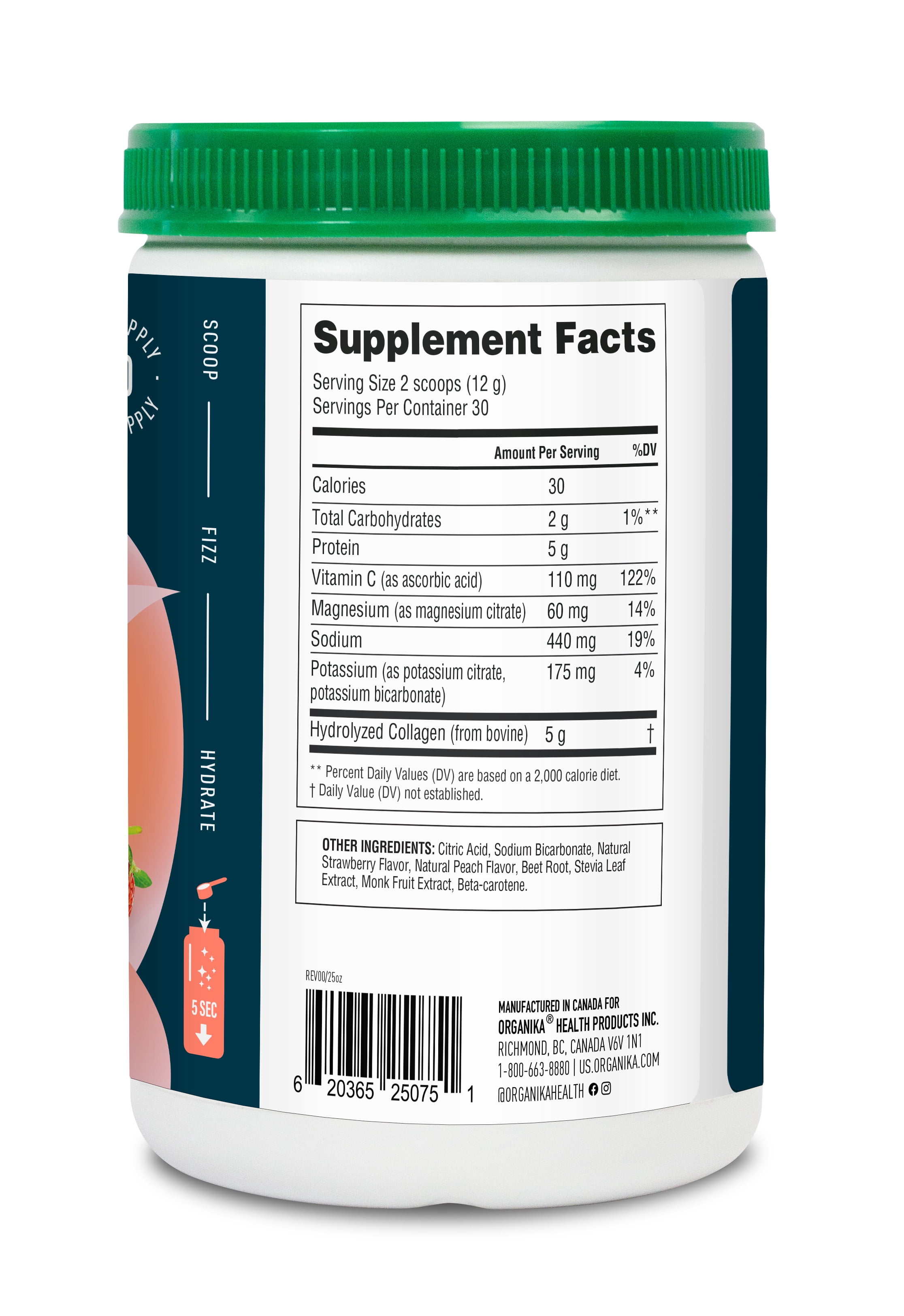 Organika Sports Hydration Drink Mix - 5g Protein, Collagen, Electrolytes, Vitamins, No Sugar - Strawberry Peach - 30 Servings