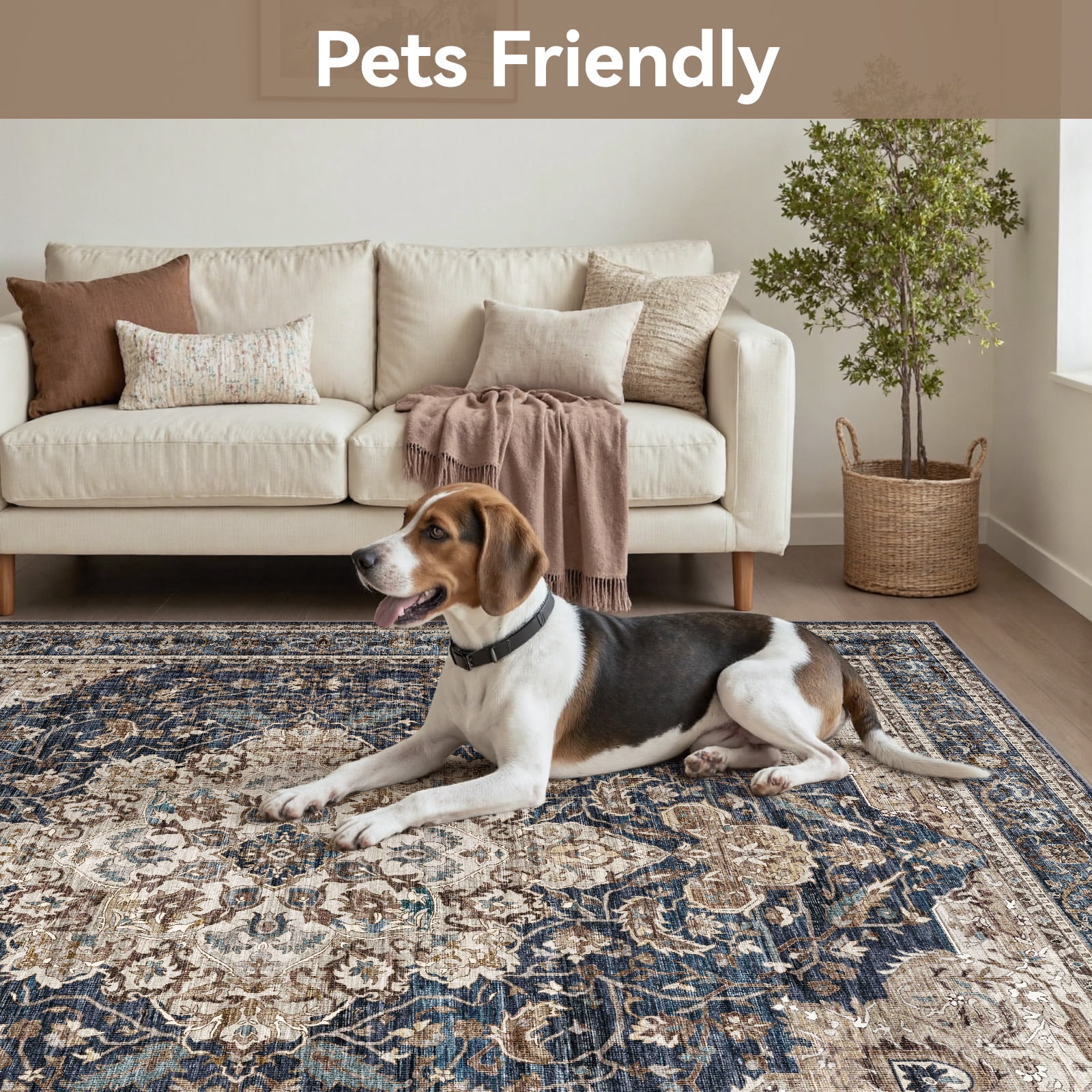 SIXHOME 8'x10' Area Rugs for Living Room Washable Vintage Medallion Rug Oriental Floral Distressed Carpet Ultra Soft Indoor Rugs for Bedroom Dining Room Retro Home Decor Navy Blue