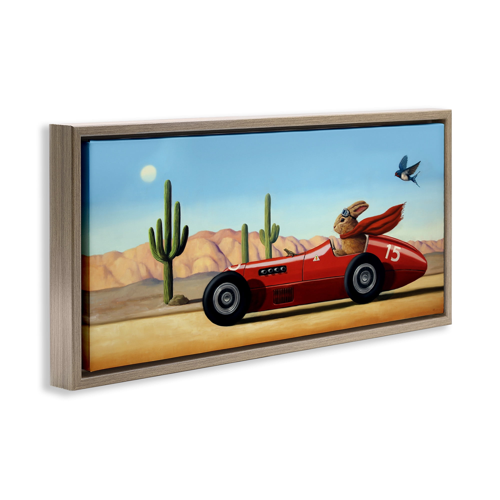 Stupell Industries Race Car Bunny Driving Desert Canyon Transportation Painting Brown Floater Framed Canvas Art Print Wall Art, 31 x 14