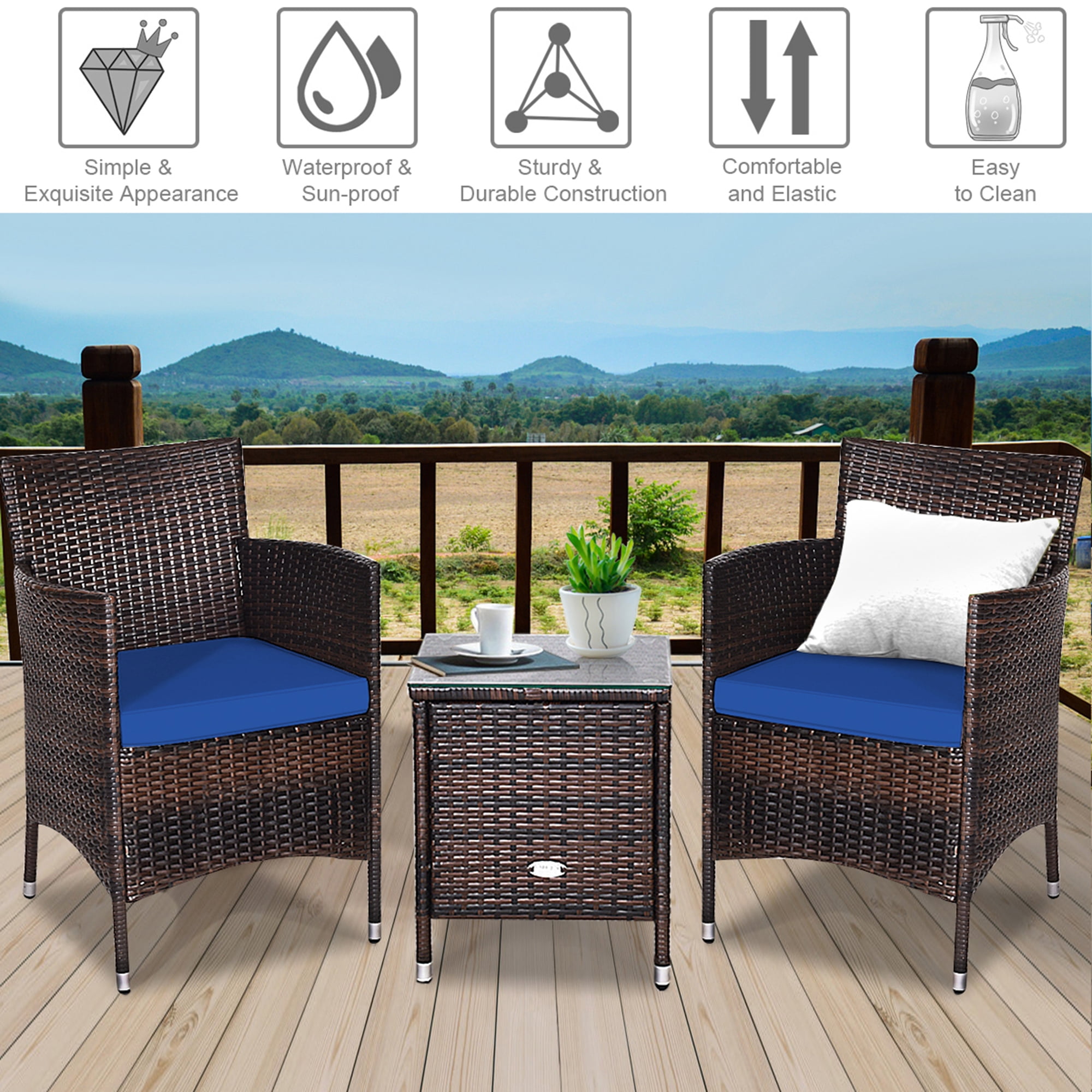 Gymax 3PCS Patio Rattan Chair & Table Furniture Set Outdoor w/ Navy Cushion