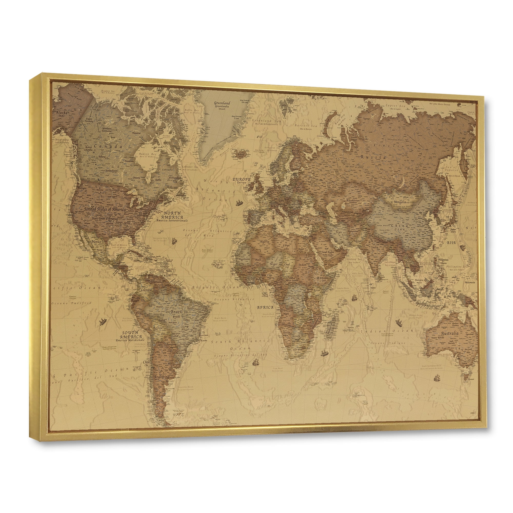 Designart 'Ancient World Map III' Vintage Framed Canvas Wall Art Print