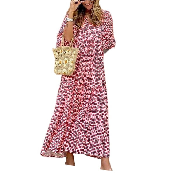 Vestido Mujer 2023 Maxi vestido con cuello en V y mangas abullonadas Vestido floral bohemio (Rojo XXL) Ygjytge Rojo T XXL para Mujer