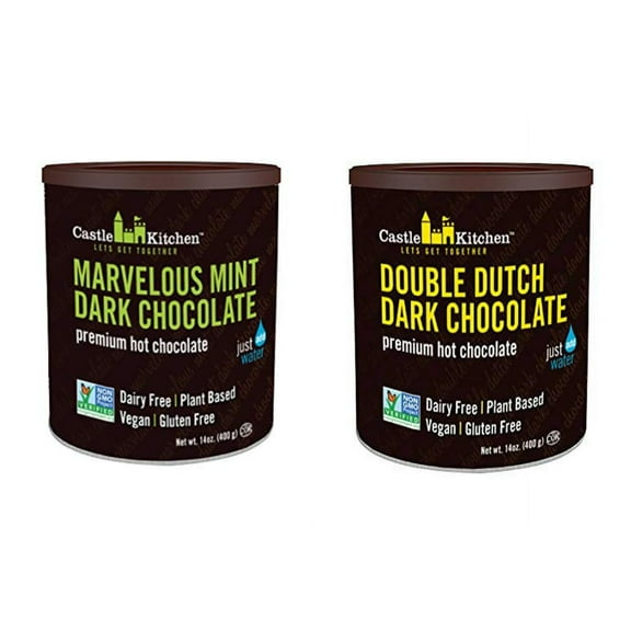 Castle Kitchen Natural Hot Chocolate Mix Variety Pack - Dairy-Free, Vegan Complete Mixes - Winter Favorites - Pack of 2 (Double Decadent Dark Chocolate & Marvelous Mint Dark Chocolate) 14 oz Each