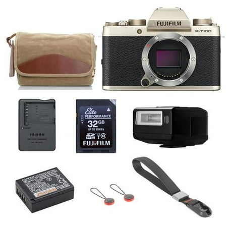 Fujifilm X-T100 Mirrorless Digital Camera Body, Gold - Bundle With F-5XB Shoulder Canvas Camera Bag, Fujifilm EF-X20 TTL Flash, Fuji 32GB SDHC
