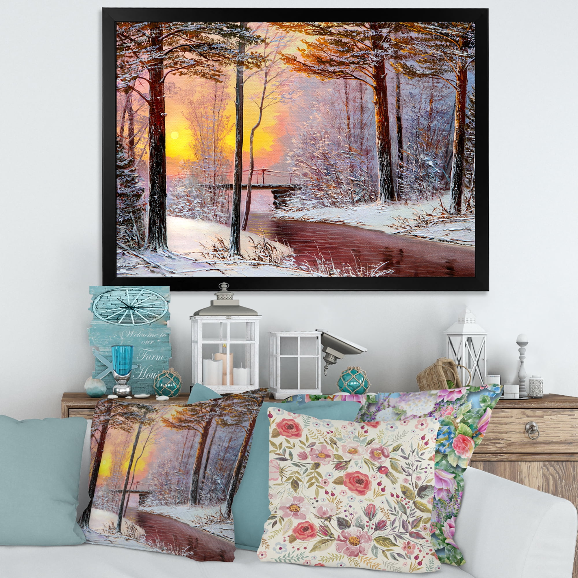 Designart 'Christmas Forest With Trees and River IV' Traditional Framed Art Print