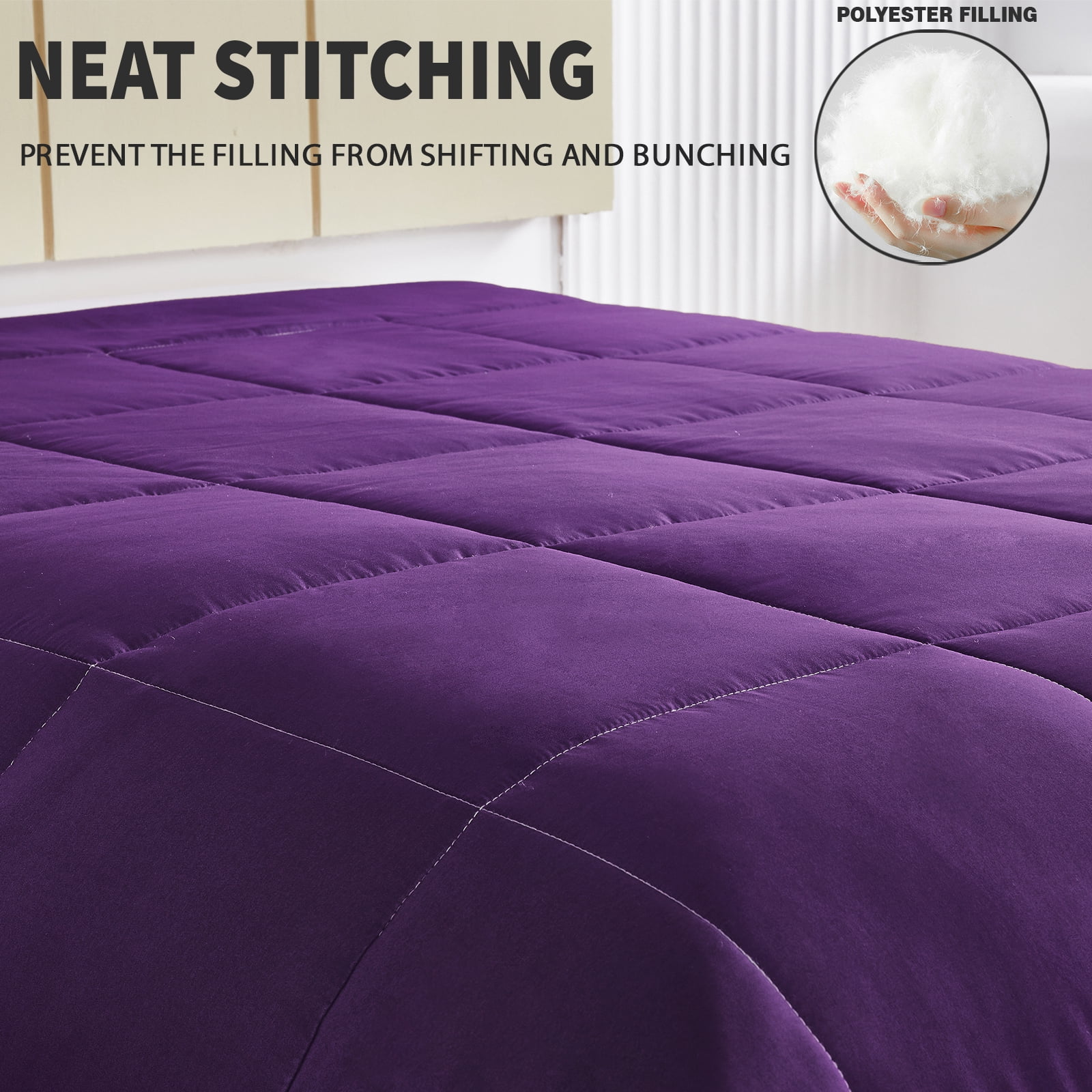 Exclusivo Mezcla Lightweight Reversible 3-Piece Comforter Set All Seasons, Down Alternative Comforter with 2 Pillow Shams, Queen Size, Deep Purple/ Lilac