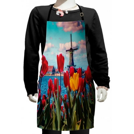 

Amsterdam Kids Apron Idyllic Spring Morning Photo with Dutch Tulips Canal and Windmill in Netherlands Boys Girls Apron Bib with Adjustable Ties for Cooking Baking Painting Multicolor by Ambesonne