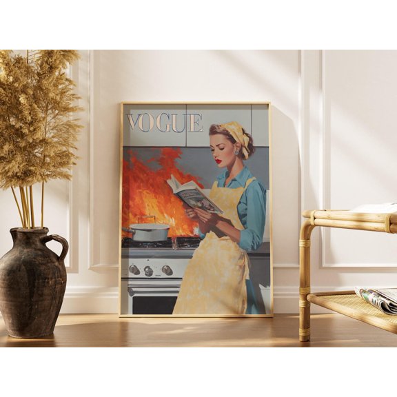 Vintage Style Kitchen Art Print, Fashion Magazine Wall Art, Funny Cooking Disaster Wall Art, Mid Century Modern Poster, Gifts For Her, Poster Only