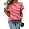 thumbnail image 4 of Women'S Short Sleeve Knit Tops Trendy Crewneck Striped T Shirts Casual Summer Blouses Outfits Deep Pink S, 4 of 10