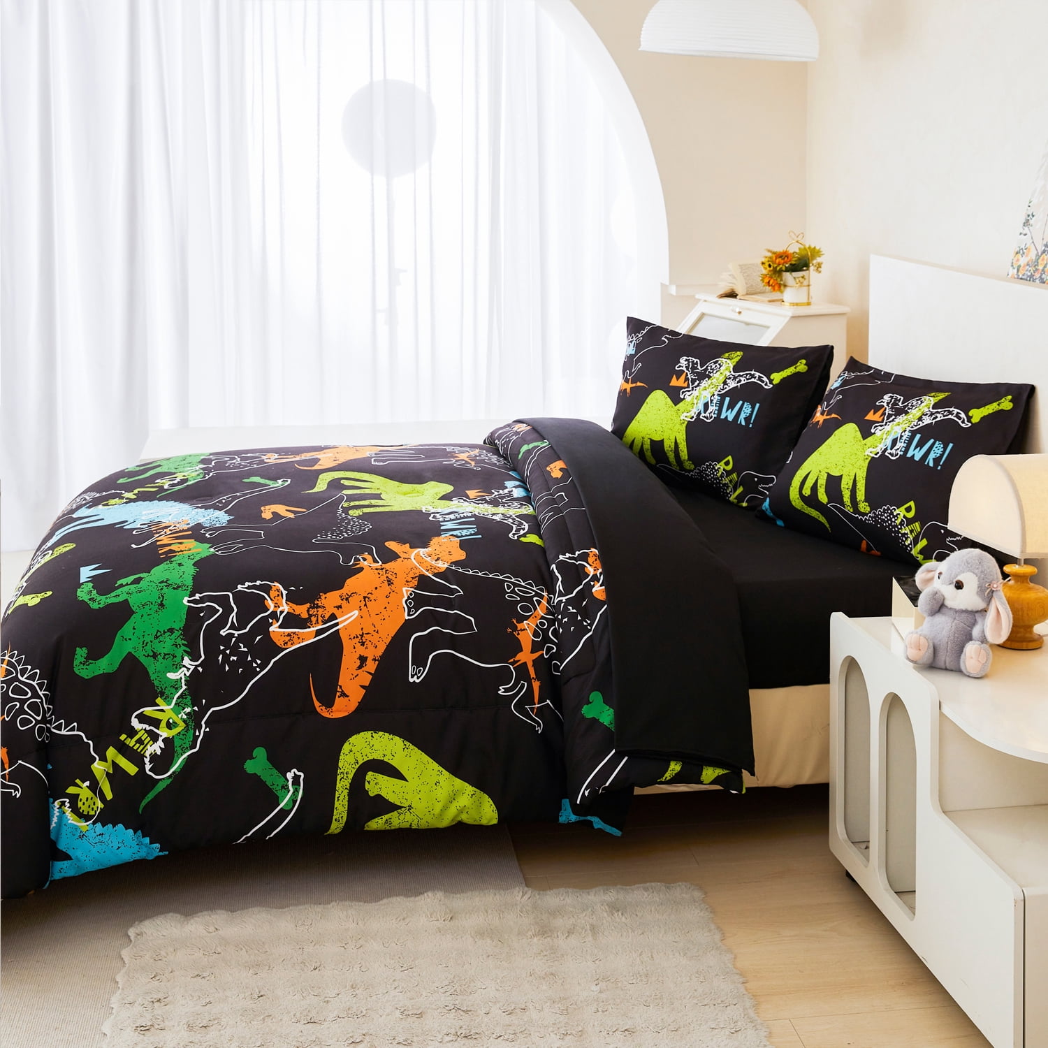URBONUR 3Pcs Black Dinosaur Queen Comfotrer Set for Boys Kids Teens Colorful Dinosaur Bedding Sets Soft Lightweight Bed Sets with Pillowcases