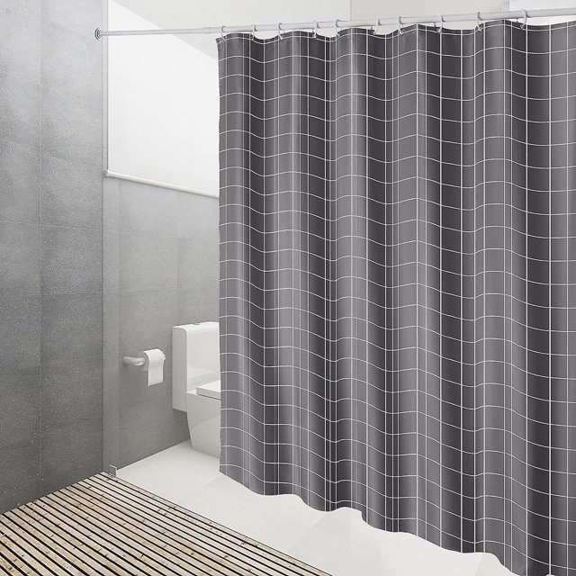 Cortina De Ducha De Secado Rápido, Cortina De Ducha De Tela De Poliéster Impermeable Lavable A Máquina, Cortinas De Baño Semitransparentes con 12 Ganchos, Cuadros Grises 180*200