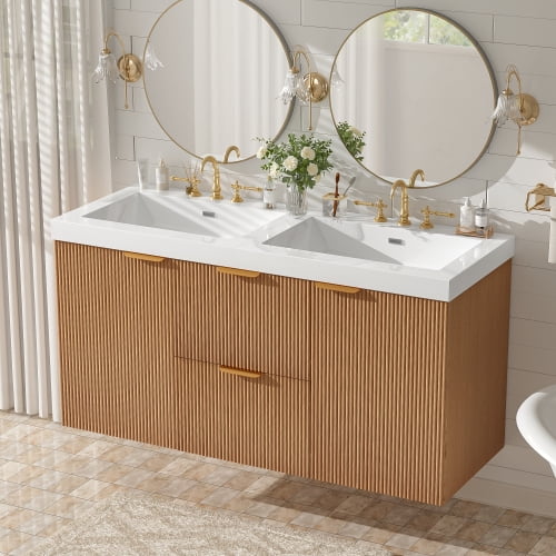 47.24 Inch Double Sink Bathroom Vanity with SMC Top, MDF Cabinet, Soft Close Doors, Divided Drawers, Wall-Mounted Modern Storage Vanity