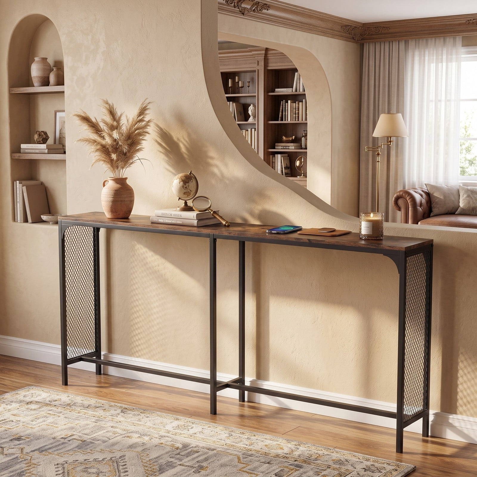 Furnibear 71 Inch Narrow Console Table with Power Outlet and USB Ports and Metal Mesh Frame for Small Space, Rustic Brown