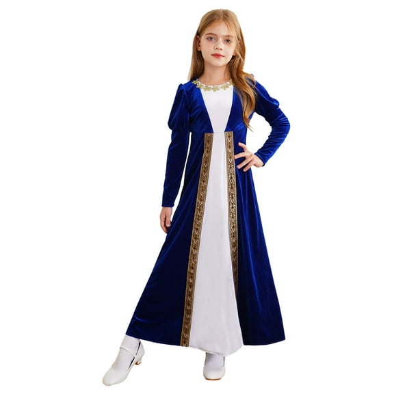Doomiva Kids Girls Renaissance Maxi Dress Velvet Medieval Princess Victorian Queen Gown Royal Blue 6
