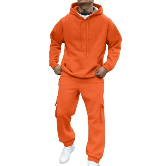 ZQUUVOU Men's Sweatshirts 2 Piece Set with Pocket Hooded Long Sleeve Elastic Waist Pants Sportswear Set Orange