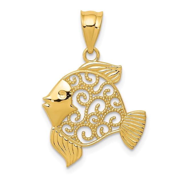 14k Yellow Gold Filigree Fish Necklace Charm Pendant Sea Life