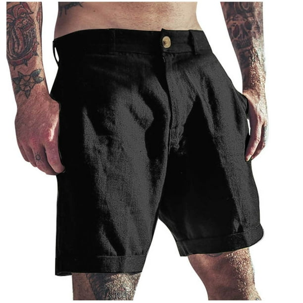 Pantalones cortos de lino para hombre: pantalones de playa informales con cintura elástica y entrepierna de 18 cm