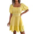 thumbnail image 2 of HIBRO Womens Square Neck Summer Dress Tie Back Short Sleeve Ruffle A Line Casual Mini Dress, 2 of 8