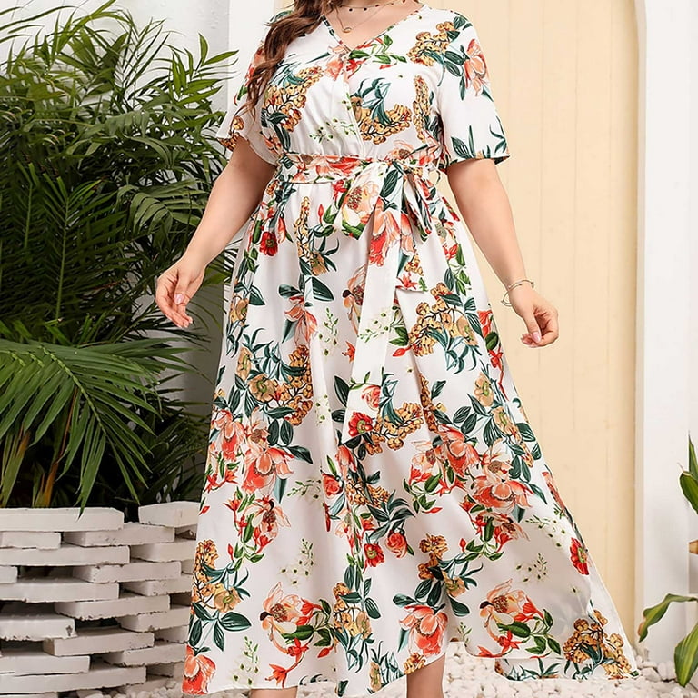 CHGBMOK Clearance Women's Dresses Summer Print Plus-Size Dress V-Neck Short Sleeve Elastic Waist Dress Beach Dress Sun Dress Ruffled Flowy Dress -