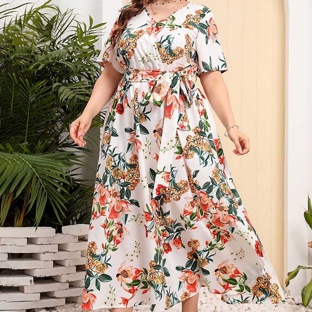 SMihono Robe Maxi Bohème d'Été pour Femmes Grande Taille Robe Imprimée d'Été pour Femmes Grande Taille Col en V Manches Courtes Taille Élastique Robe de Plage Robe de Soleil Robe Midi Fluide à Volants Robe de Plage