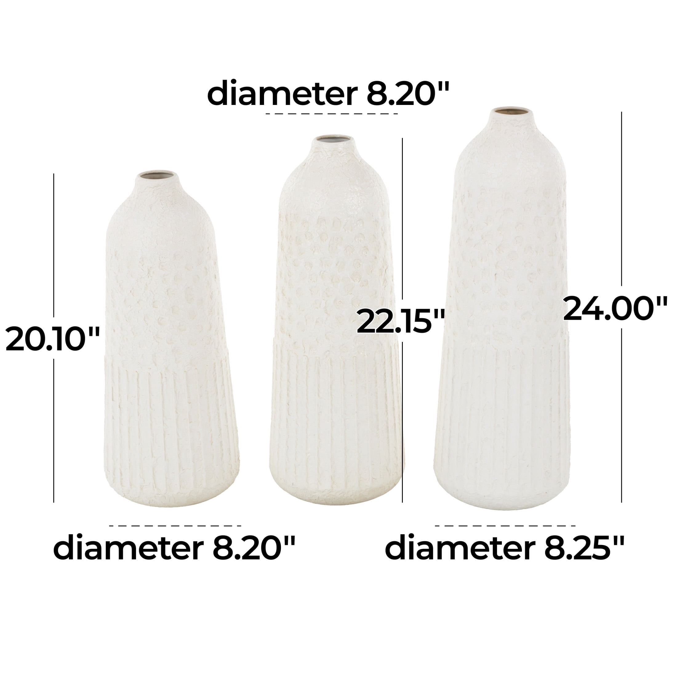 DecMode 24", 22", 20"H Textured White Metal Vase with Honeycomb Pattern, Set of 3