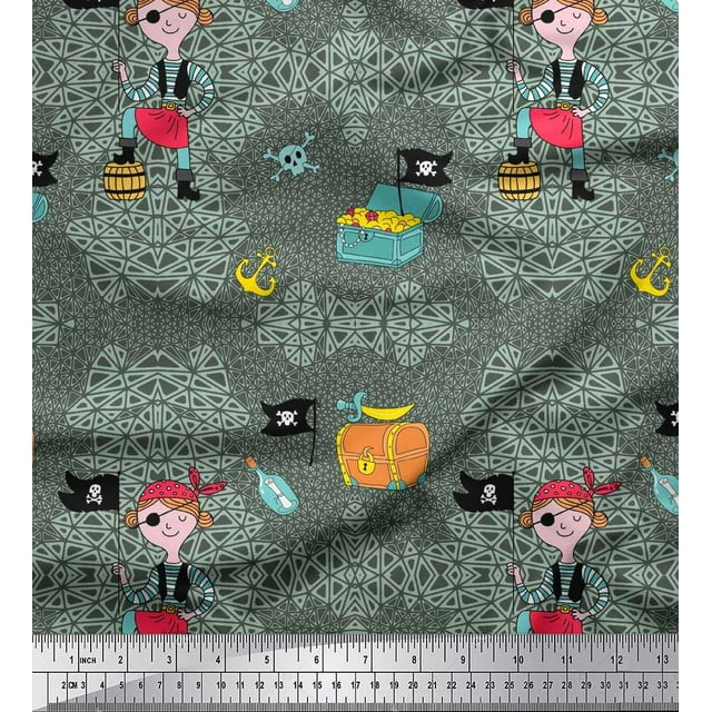 Soimoi Polyester Crepe Fabric Flag,Treasure Box & Pirate Boy Nautical Print Fabric by The Yard 52 Inch Wide
