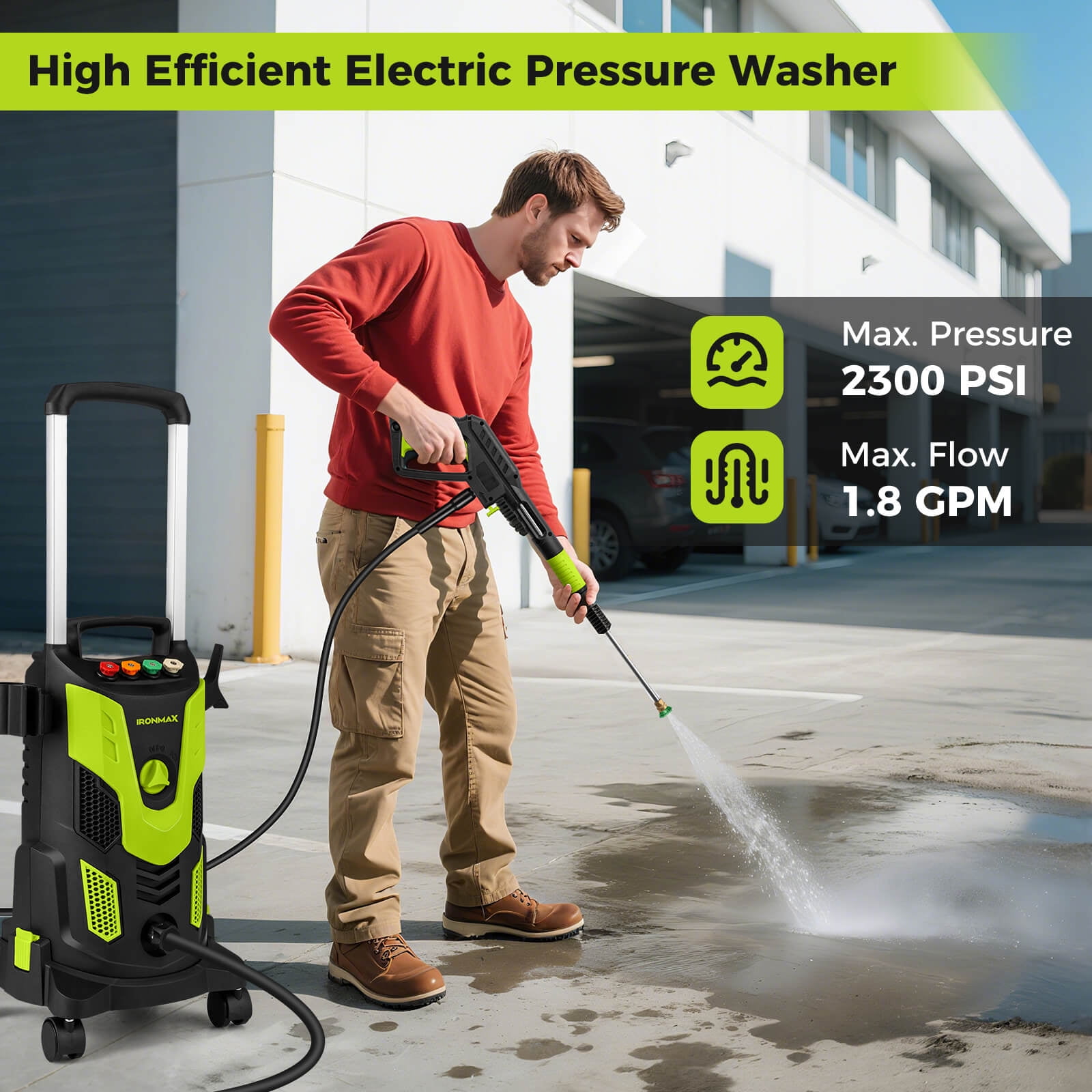Ironmax Electric Pressure Washer with 4 Nozzles & Soap Bottle Lockable Wheels for Cleaning Green