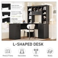 thumbnail image 4 of L-Shaped Computer Desk with Power Outlet, 65" Office Desk with 2 Cabinets and 2 Drawers, Wooden Corner Desk with Open Shelves for Home Office, Black, 4 of 8
