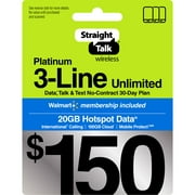 Straight Talk $150 Platinum 3-Line Unlimited 30-Day Prepaid Plan, Mobile Protect, 20GB Hotspot Data, 100GB Cloud Storage & Int'l Calling e-PIN Top Up (Email Delivery)