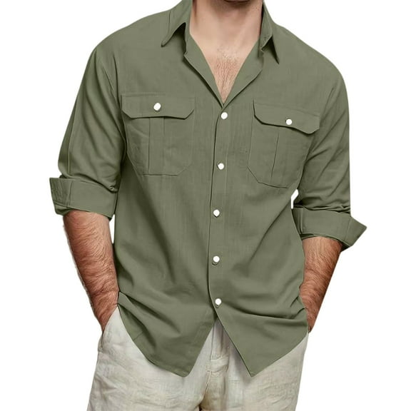 WTOBBYMen's Cotton Linen Blend Long Sleeve Shirt, Solid Color Breathable Button Down with Two Pockets for Daily Casual Wear & Travel Essentials,Army Green L