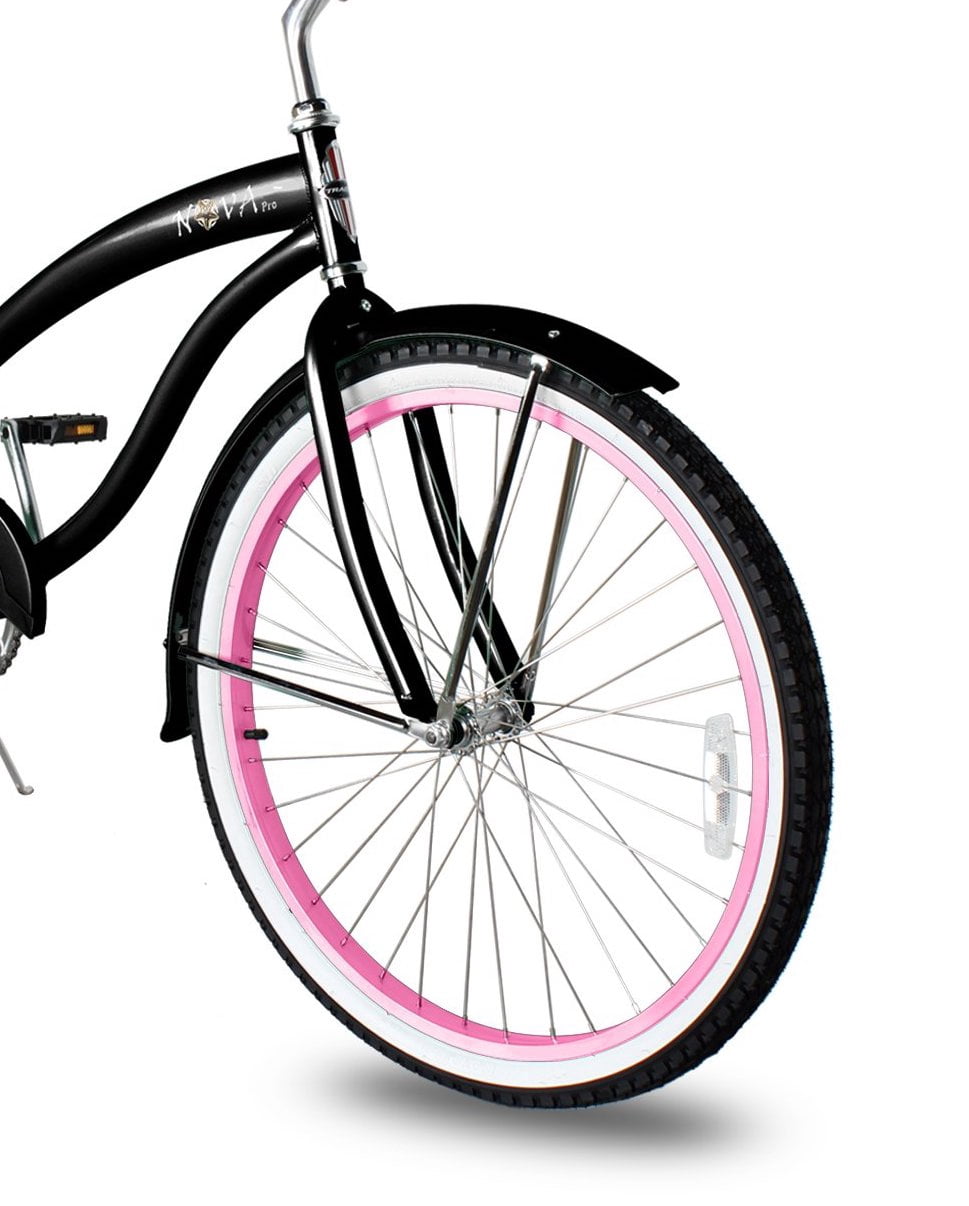 WonderWheels Beach Cruiser Shimano Tx-35 7 Speed Bicycle, Bike, V-Brake Stainless Steel Spokes One Piece Crank Alloy Purple Rims 36 H With Fender - Black